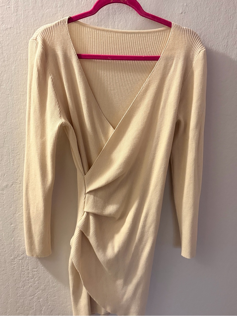 SHEIN Cream Ribbed Wrap-Front Mini Dress - Picture 3 of 3